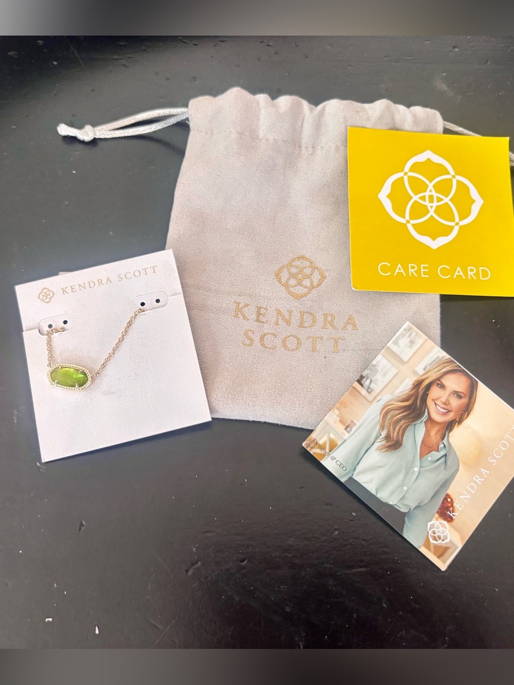 NWT Kendra Scott Gold Necklace with Lime Green Stone Elisa GLD 322
